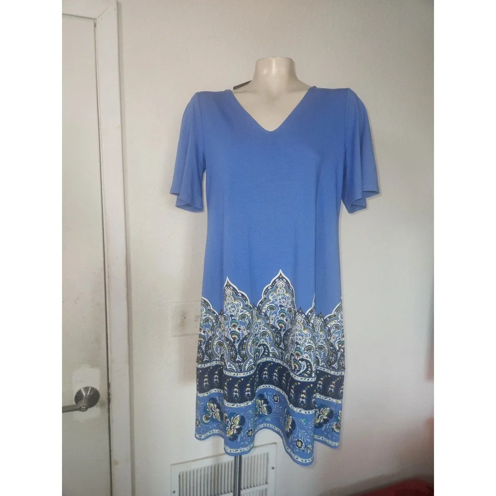 J. Jill NEW Wearever Blue Paisley Border Print‎ V-Neck Shift Dress S